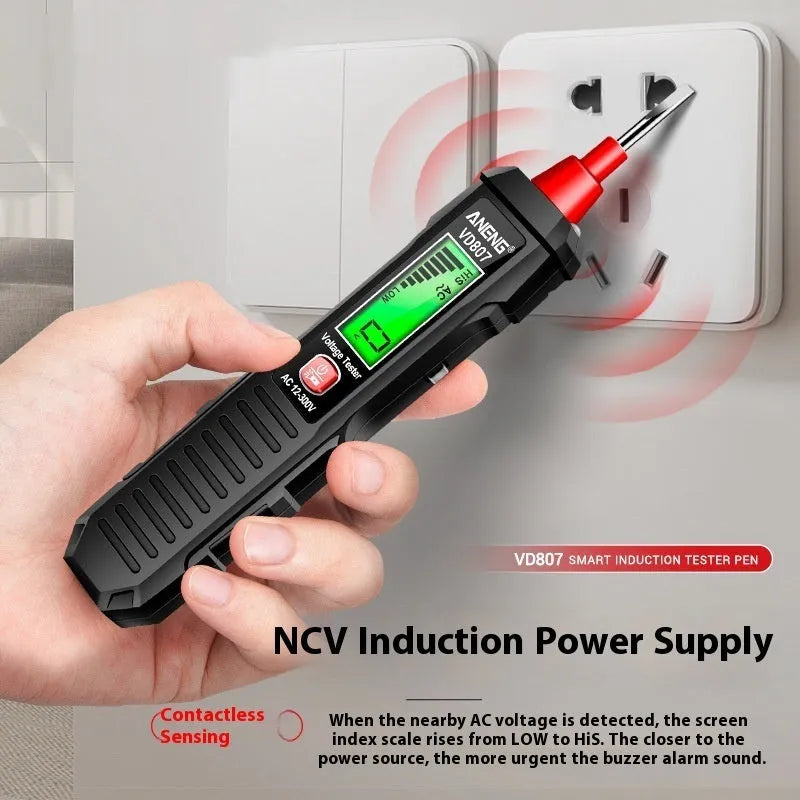 Black and red digital voltage tester pen with LCD display for electrical testing.