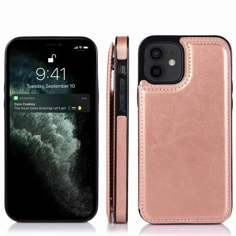 Brown crazy horse pattern iPhone 13 phone case with a double buckle belt holster attached