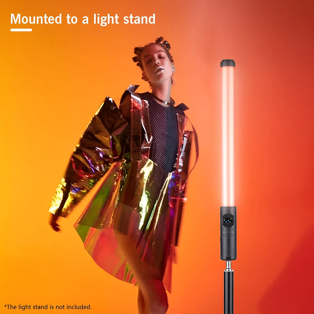 Handheld LED photography light stick showing adjustable colour temperature and a 1/4 inch tripod mount thread.