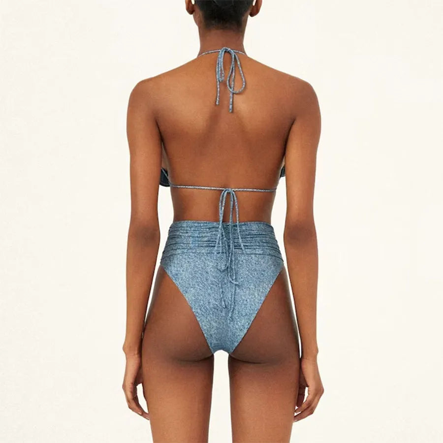 Black decorative one-shoulder hollow cowgirl style one-piece swimsuit for women.