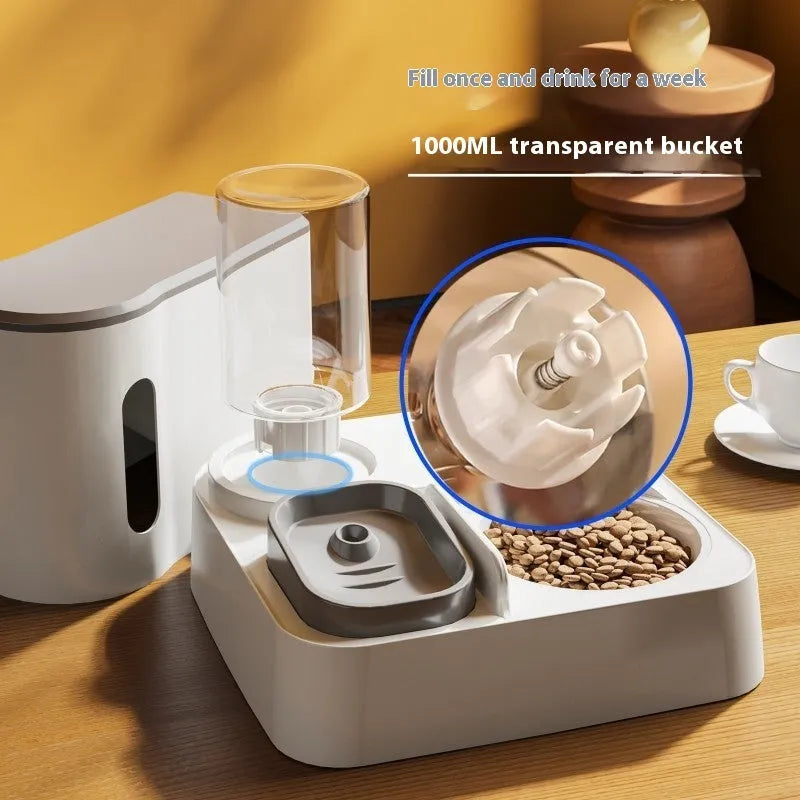 Automatic cat feeder with integrated water dispenser and double bowl system in grey colour