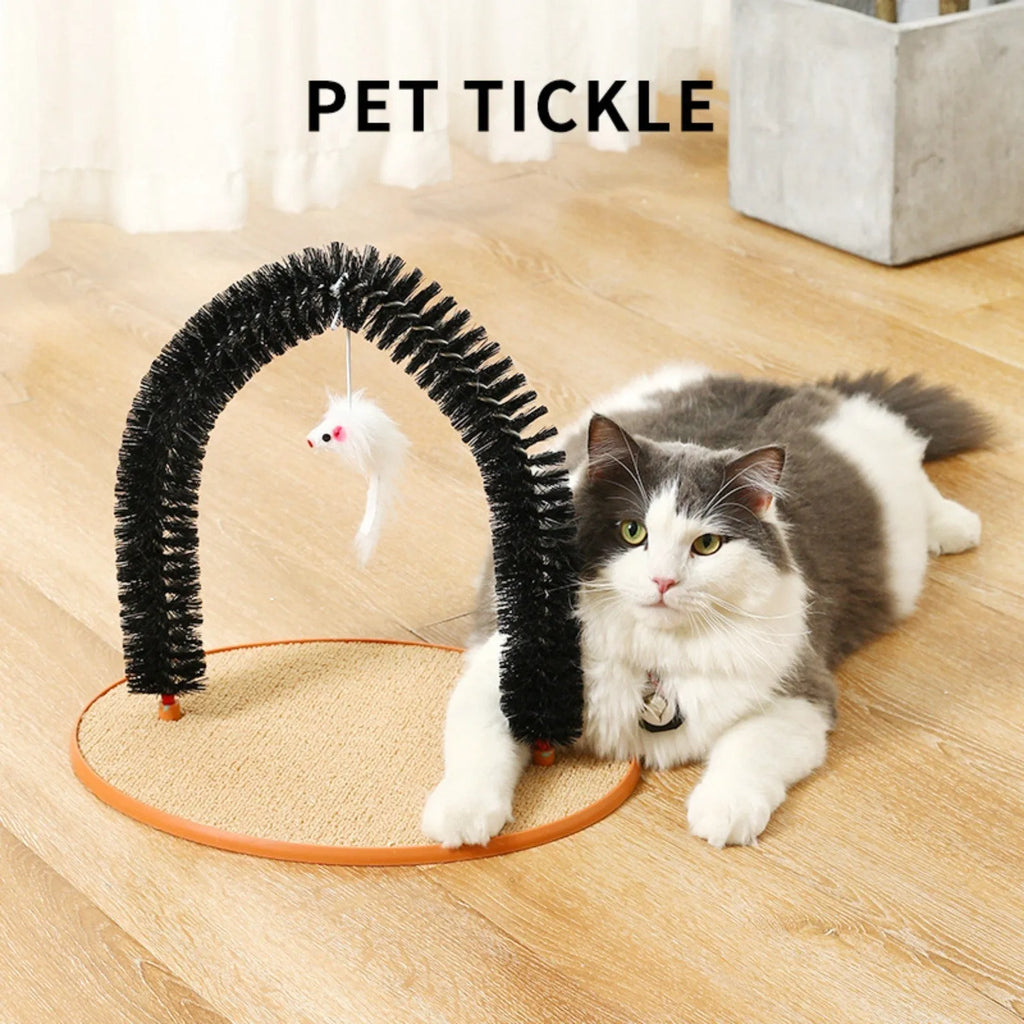 Black arch-shaped cat scratching post with anti-itch brush, non-slip base, and attached mouse toy
