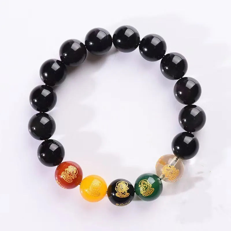 Single circle five gods of wealth bracelet with rainbow eye obsidian beads and zodiac modelling.