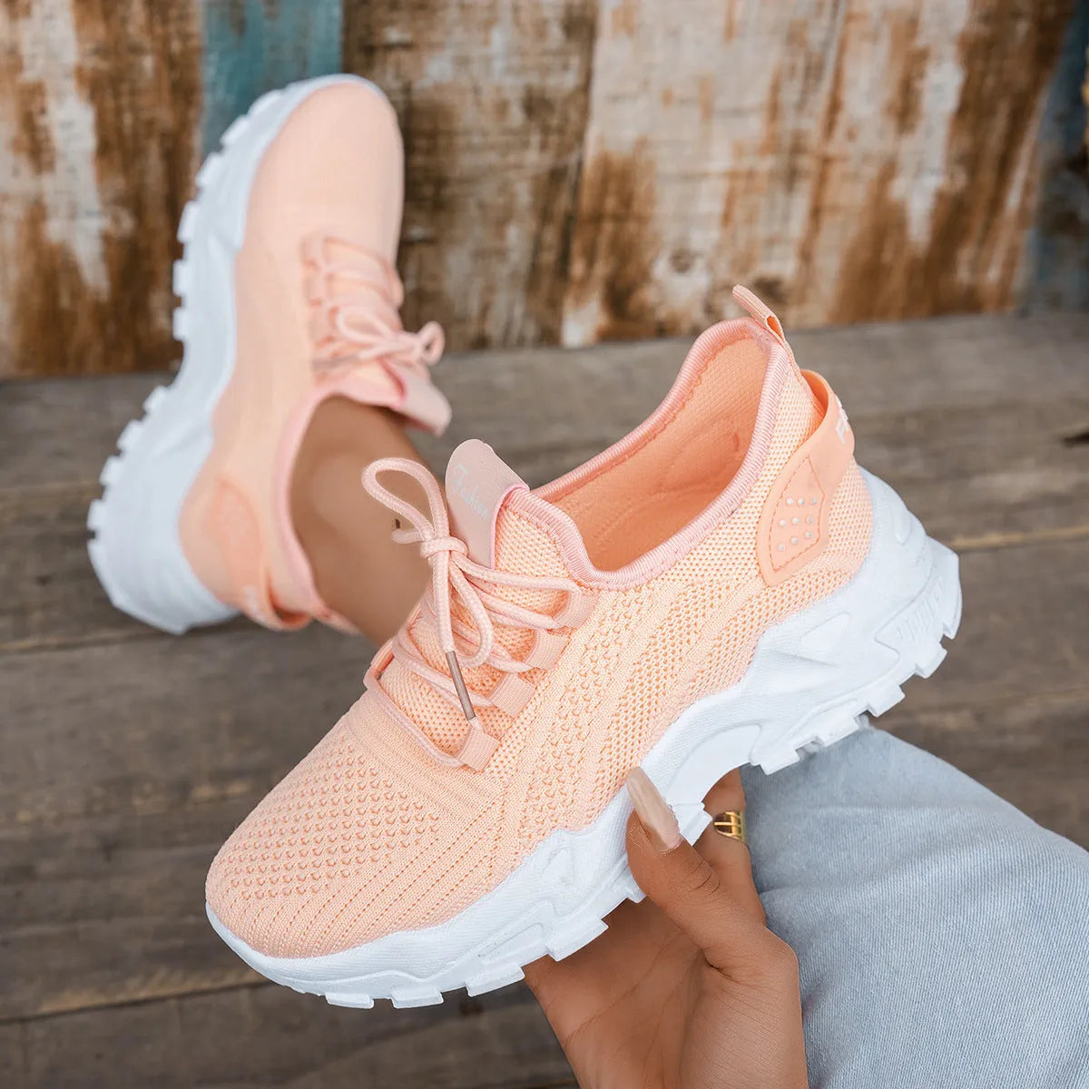 Women's Flyknit mesh casual shoes with lace-up front and plastic sole in multiple colour options