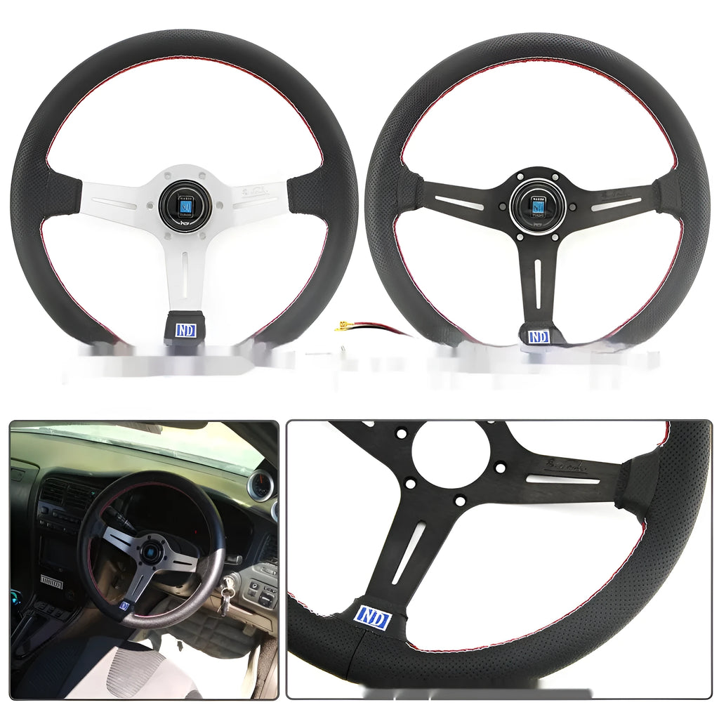 14-inch leather steering wheel with concave centre in black skeleton finish.