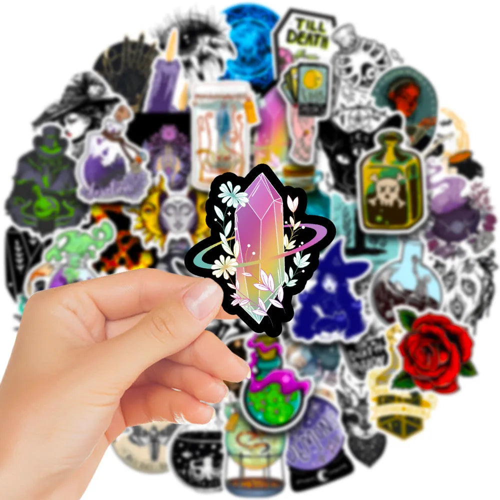 Pack of 50 colourful waterproof PVC stickers with glossy finish for laptops and skateboards.