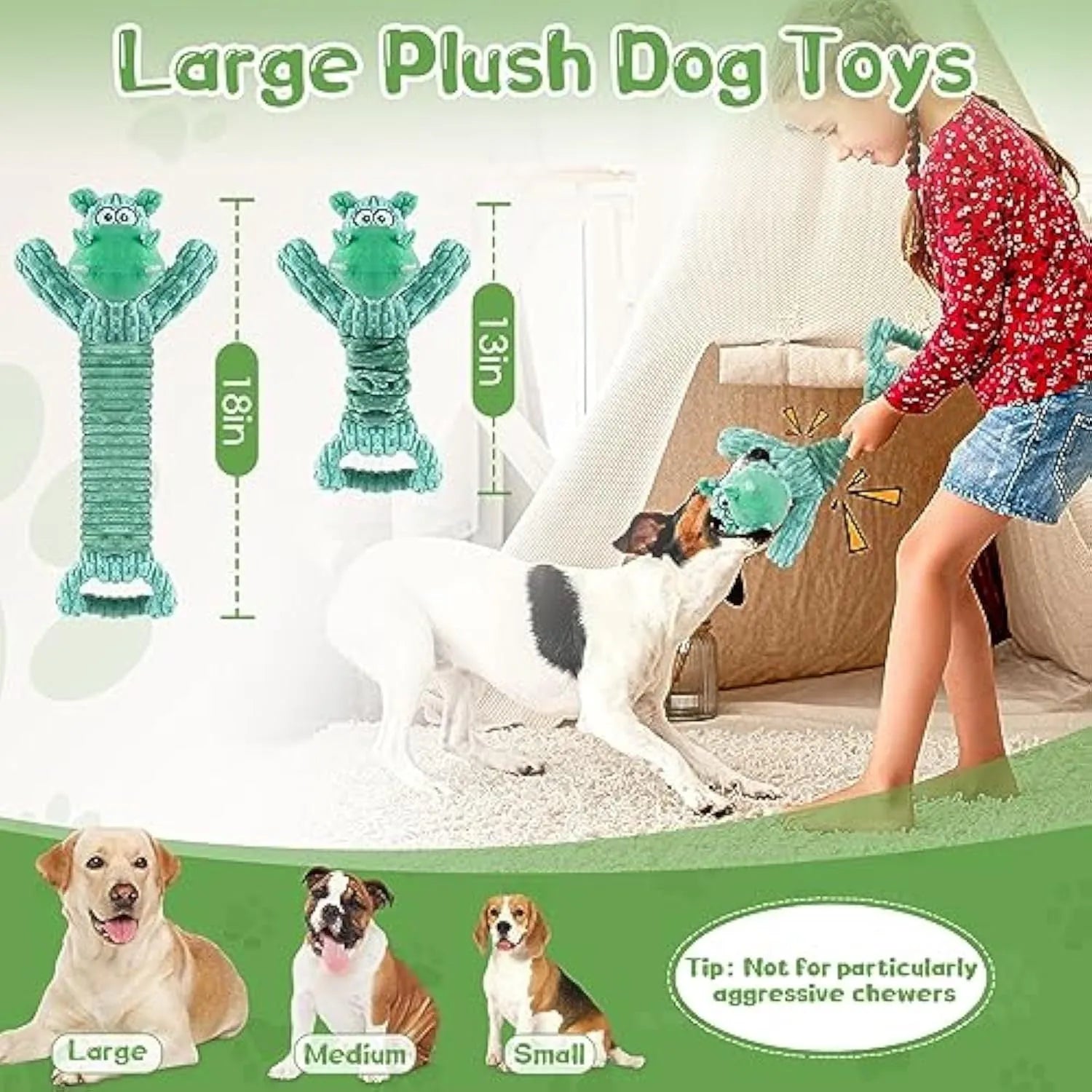 Large plush squeaky dog toy with a handle, shown in a Hippo design, for tug of war and indoor play.