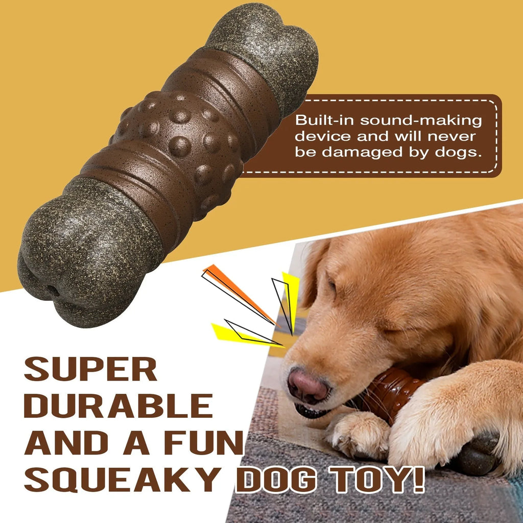 Wood colour plastic dog toy shaped as a sounding bone with textured ridges for dental cleaning.