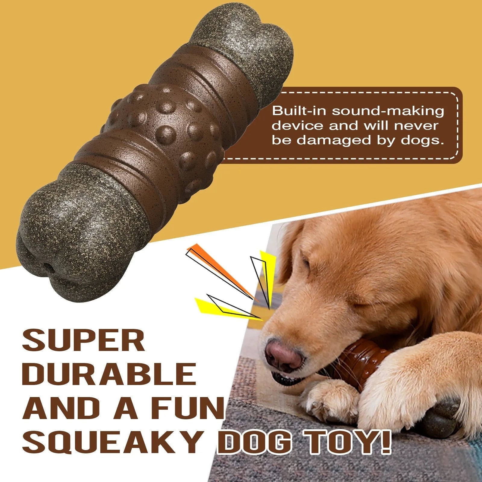 Wood colour plastic dog toy shaped as a sounding bone with textured ridges for dental cleaning.