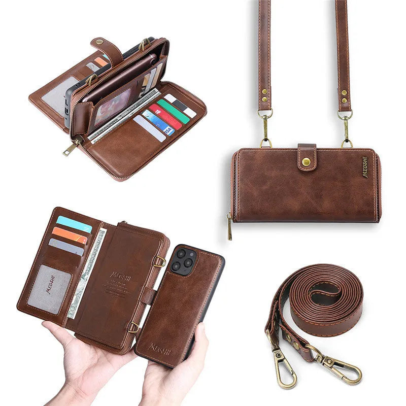 Black detachable magnetic wallet phone case shown attached and separated, next to a smartphone.