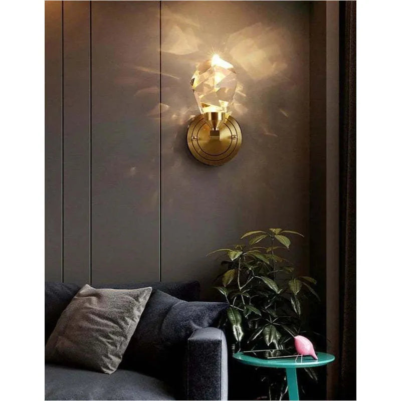 Copper modern villa art rotating light luxury crystal wall lamp for living room