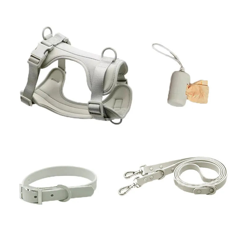 Waterproof PVC dog tactical chest back set with anti-bite collar, traction rope, toilet bowl, and chest and back piece in ten colours