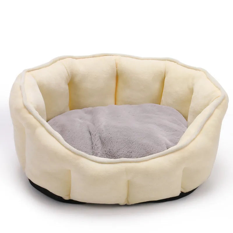 Grey cat kennel house with hammock attachment and plush interior, measuring 46cm square