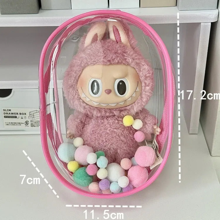 A 17cm avocado green PVC cube storage bag with a keychain for dolls and postcards.