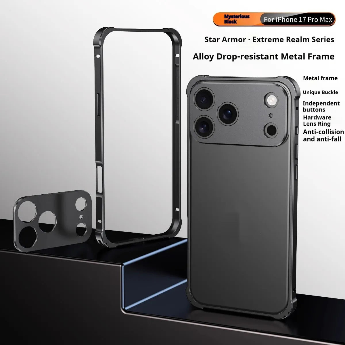 iPhone 17 series mobile phone case with a silver metal alloy frame and frosted finish, showing border-style design.