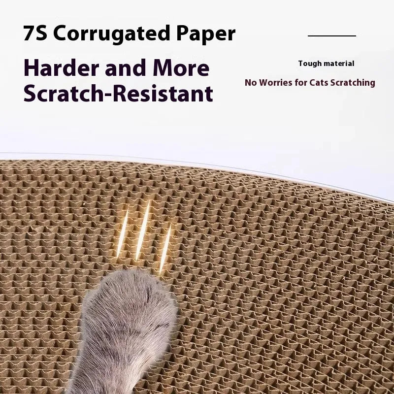 White transparent PVC and cardboard cat scratch board with integrated tunnel and nest.