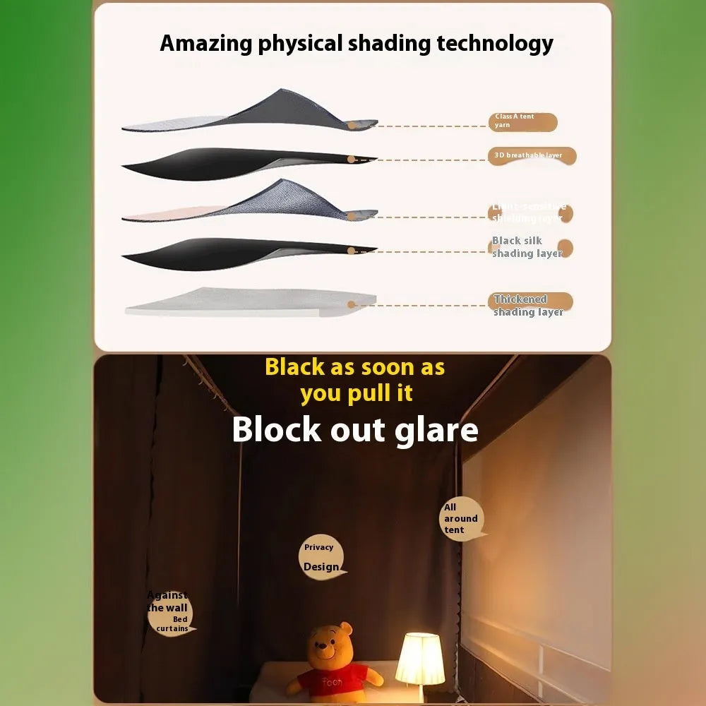 Grey polyester bed curtain with integrated mosquito net for 0.9 metre beds