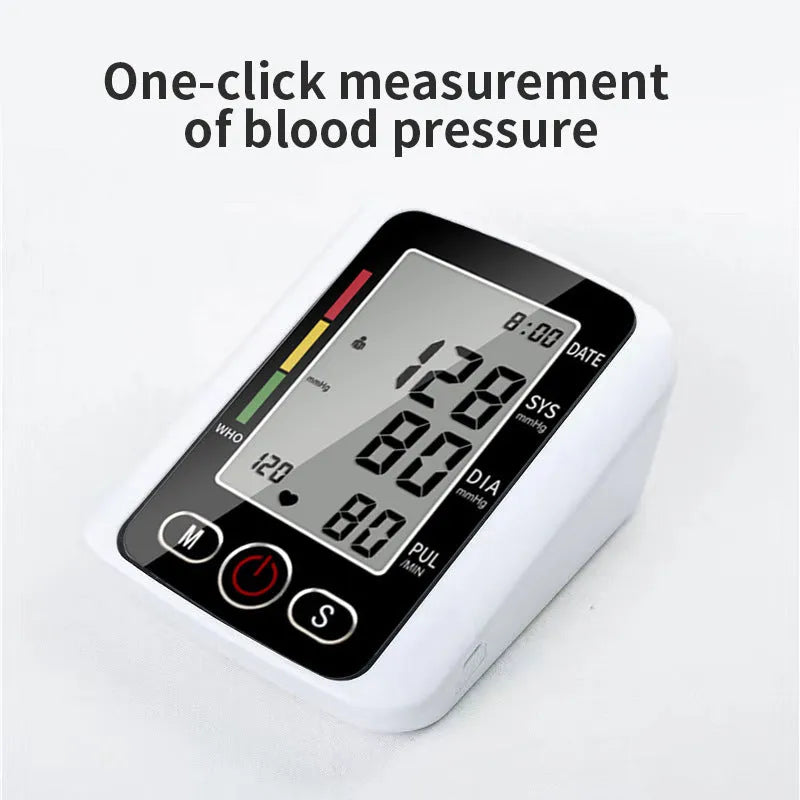 ARM electronic sphygmomanometer with large screen and arm cuff on a table