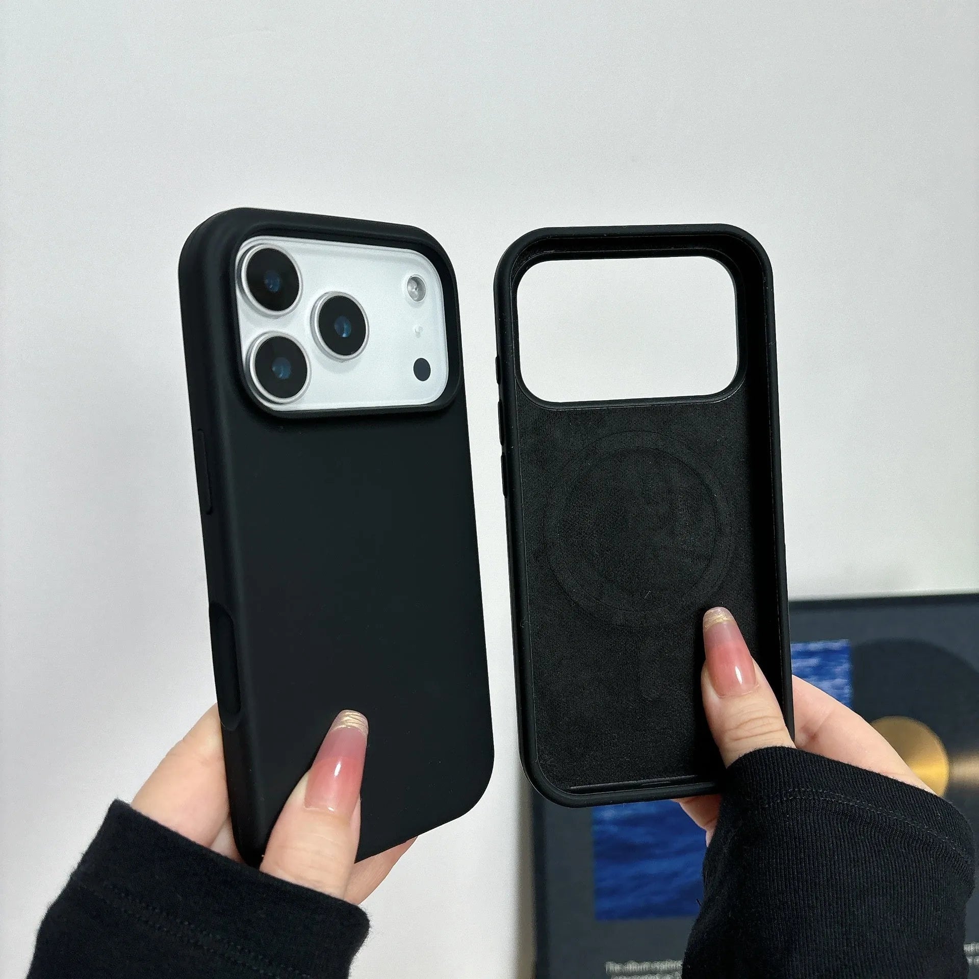 Magnetic liquid silicone iPhone case with Ai button for iPhone 12, 13, 14 models in antique white colour.