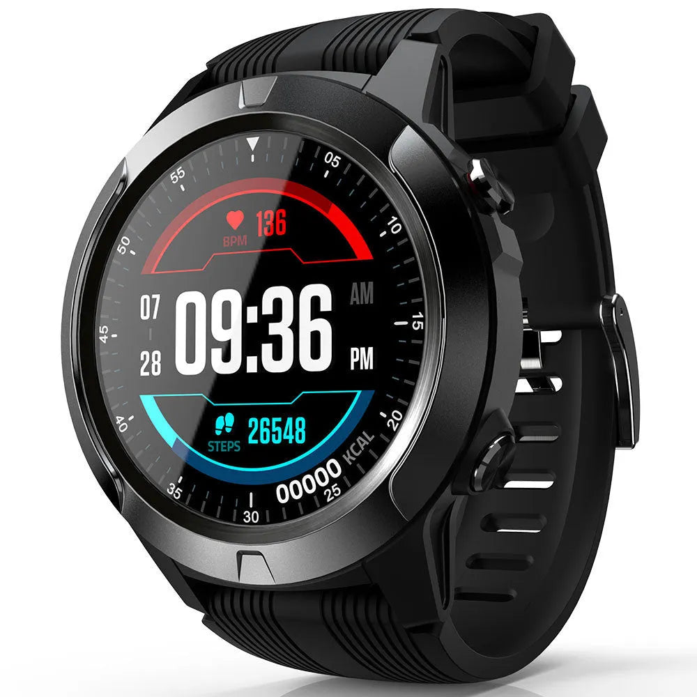 Black men's smart watch with Bluetooth calling and GPS exercise modes on a wrist