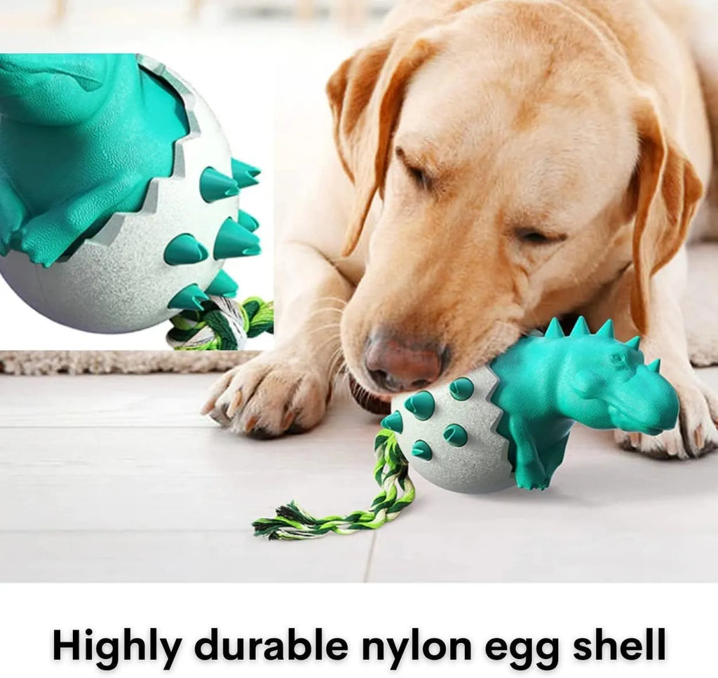 Blue durable rubber dog chew toy with integrated rope and textured surface for dental cleaning.