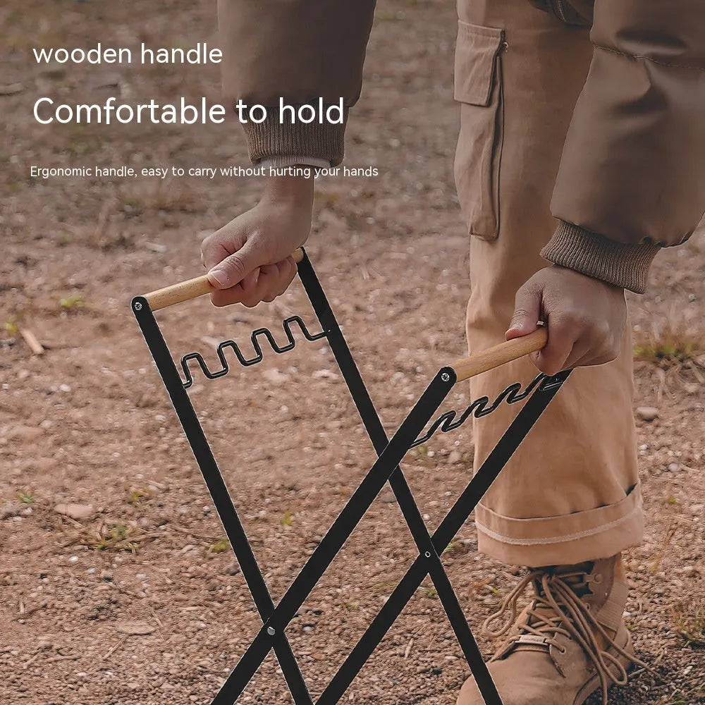 Foldable outdoor trash rack with wooden handle in black or white colour