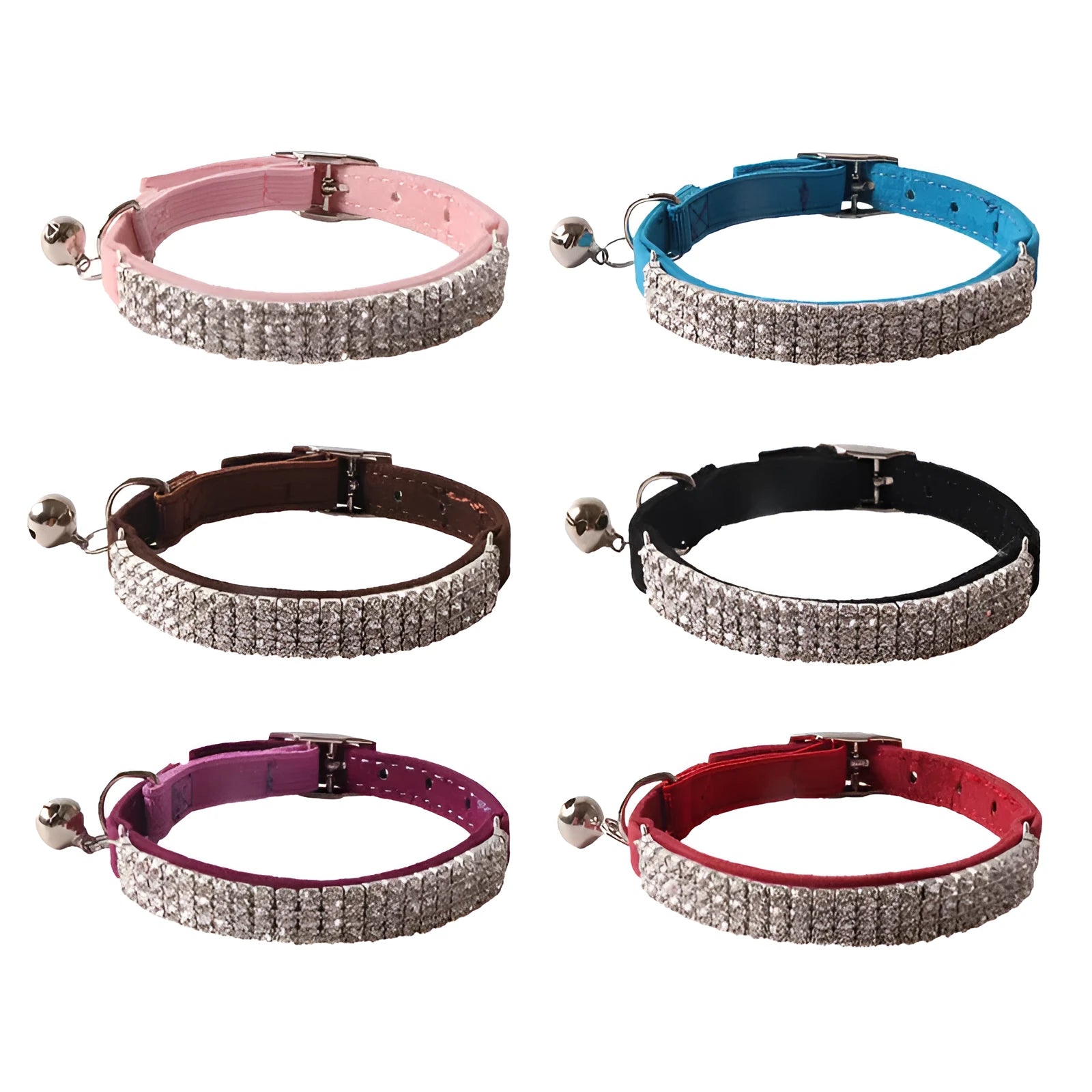 Soft flocked cat collar with an elastic buckle shown in multiple colours.