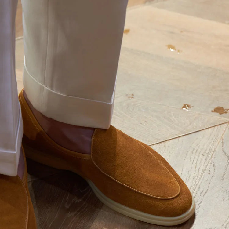 Men's genuine leather loafers in beige, shown in a low-top design with a TPR sole.