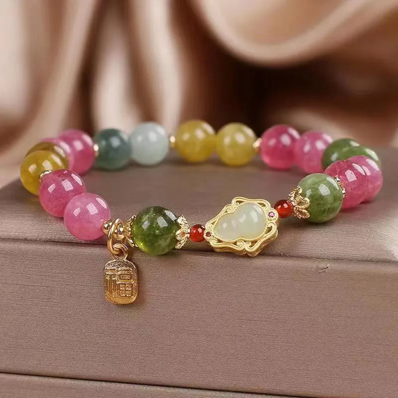 Colourful tourmaline gourd blessing card bracelet for women with electroplated finish.