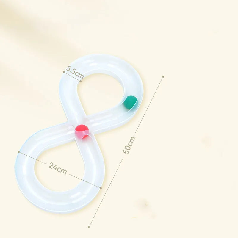 Cat toy set with turntable track ball amusement centre and teasing cat stick on blue background
