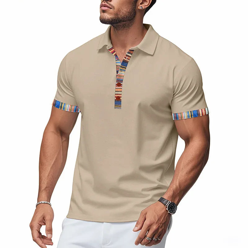 Men's short-sleeved V-neck printed loose casual polo shirt in summer colours