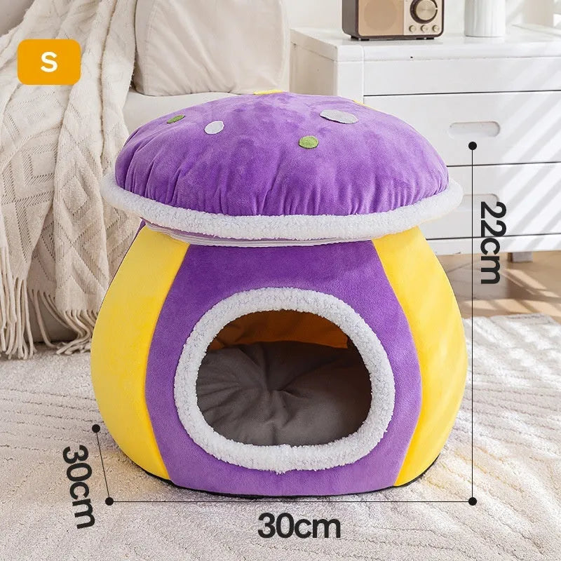Grey mushroom-shaped plush cat nest bed for pets on a white background.