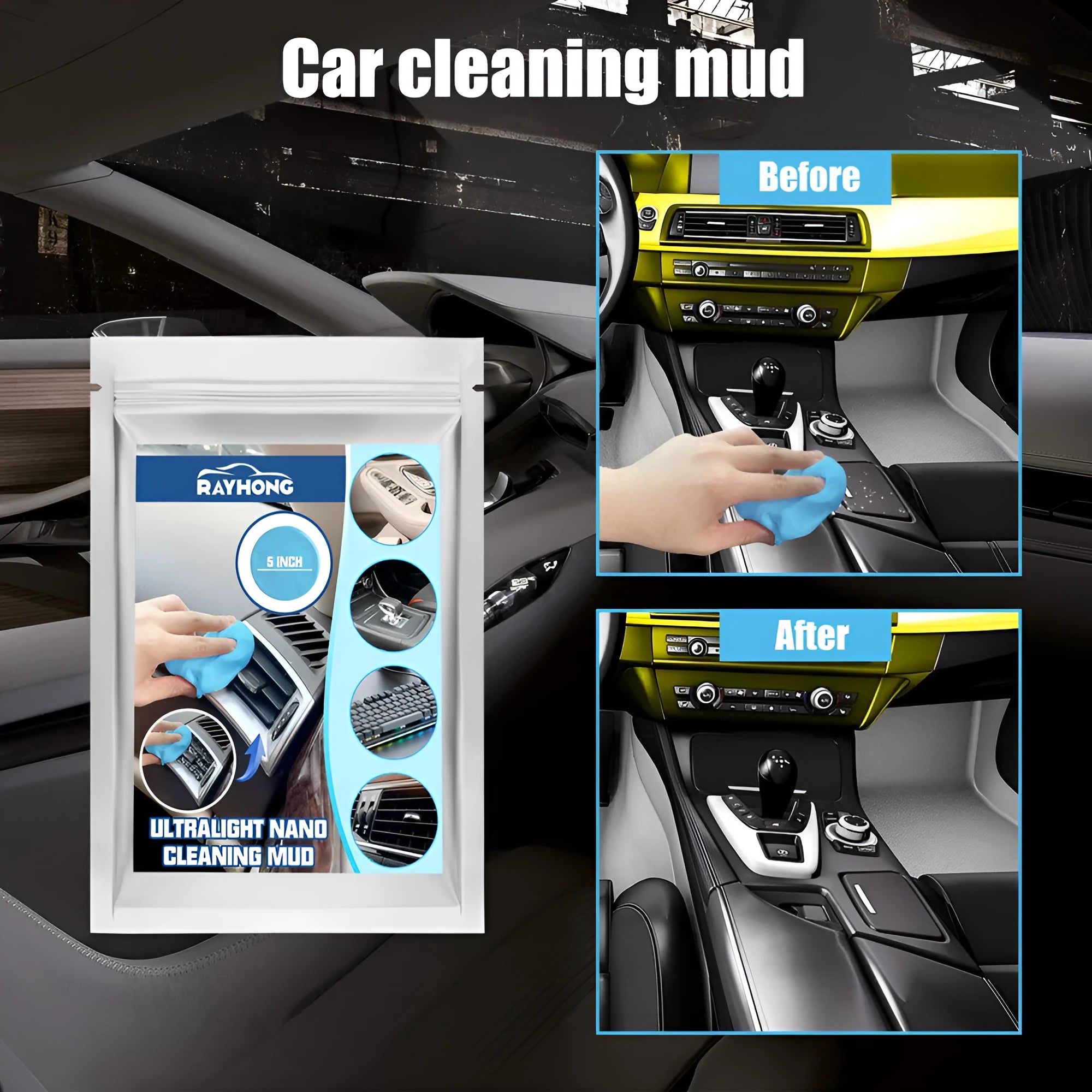 20g car interior cleaning mud for dust removal from gaps, measuring 15cm by 10cm.