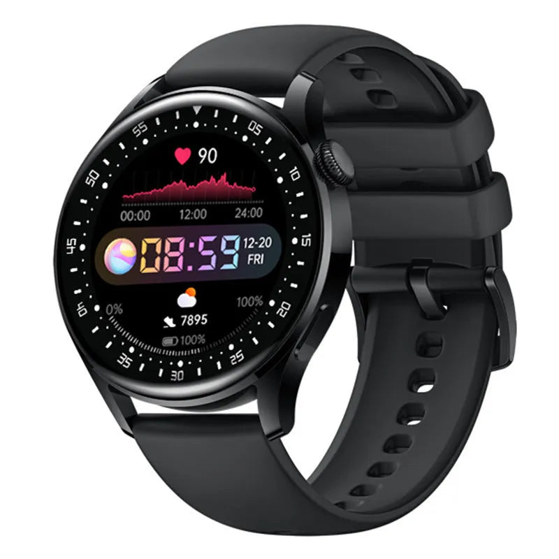 Smart watch with circular 1.32-inch display showing health metrics on wrist