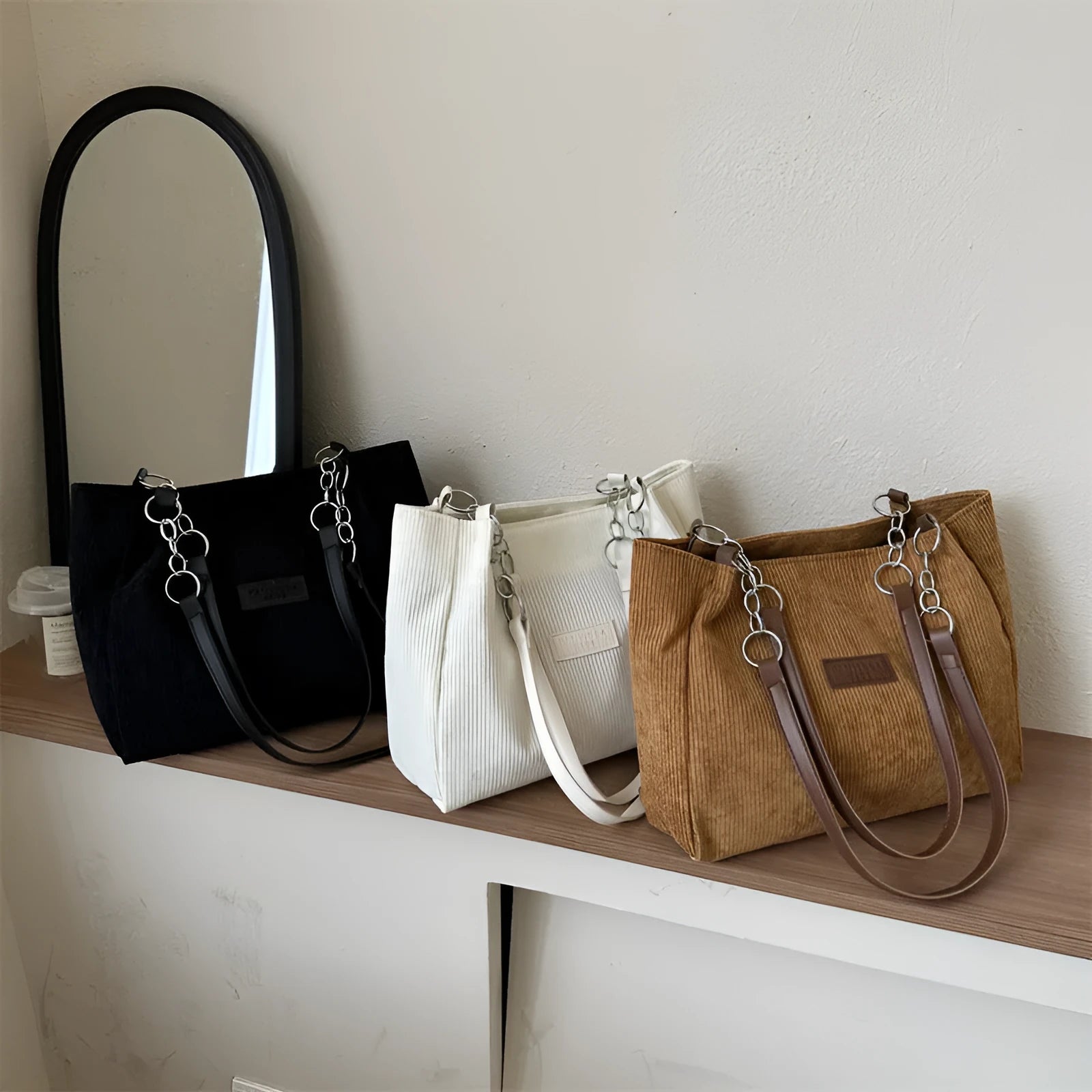 Corduroy women's tote bag with one shoulder strap and three-dimensional pocket