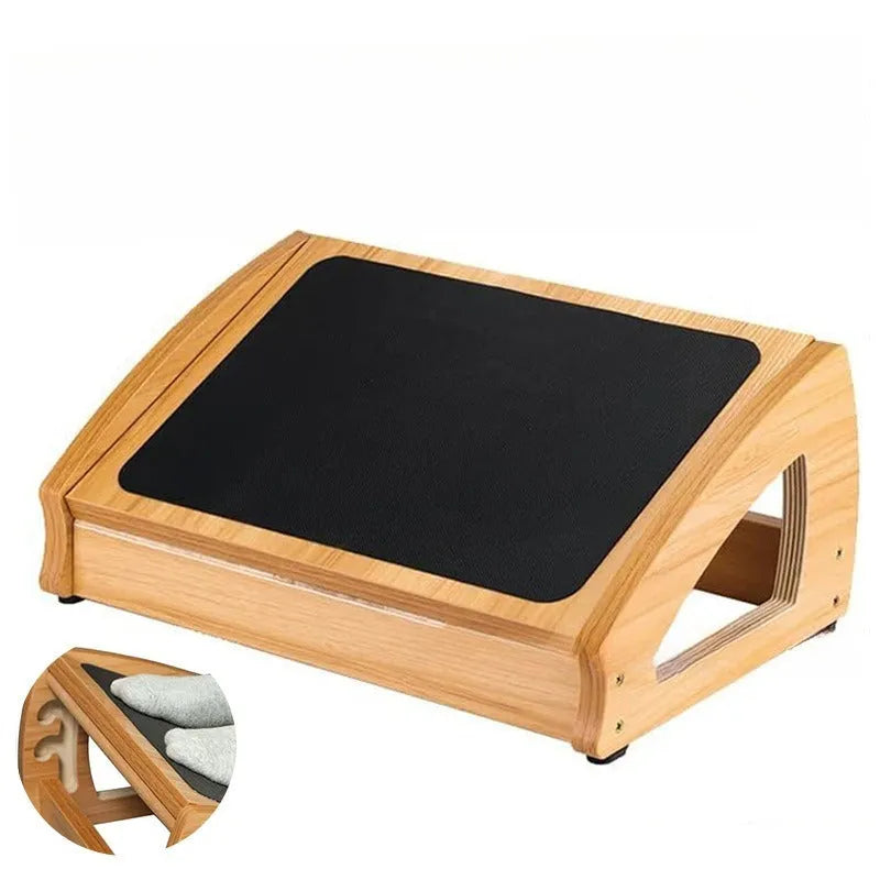 Wooden bamboo office desk footstool in natural wood colour for adult ergonomic seating support
