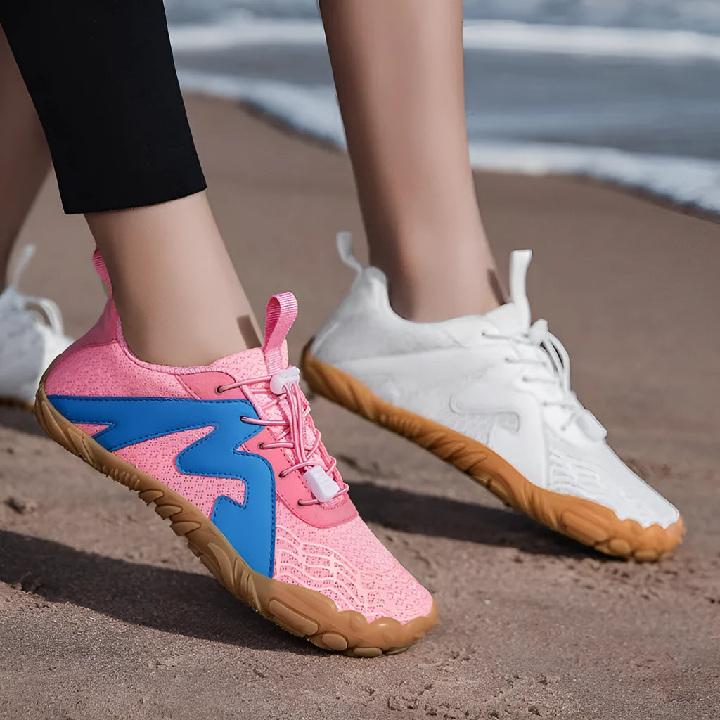 A pair of couple sports climbing shoes with a Flyknit lining and rubber sole in a choice of colours.