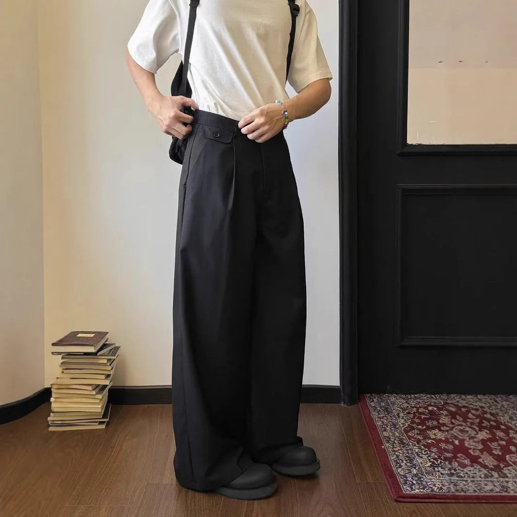 Men's brown straight-leg loose wide-leg suit pants made from chemical fibre blend polyester fabric