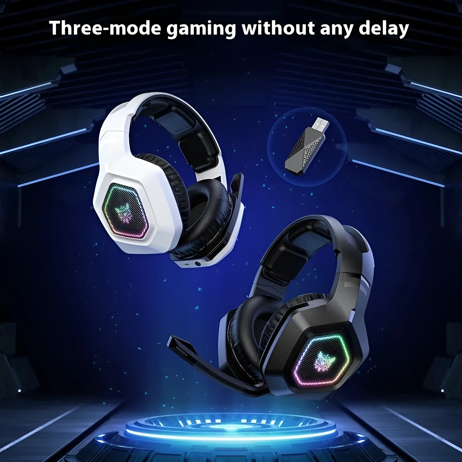 Black wireless gaming headset with RGB lighting on ear cups