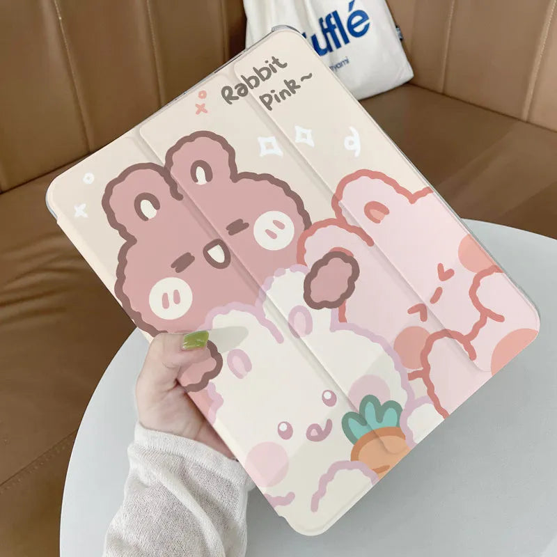 Silicone tri-fold protective iPad case in a cartoon rabbit design lying flat.