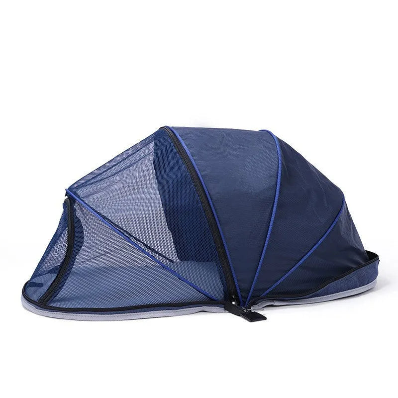 Folding cat travel tent with half mesh panels in blue or black colour options