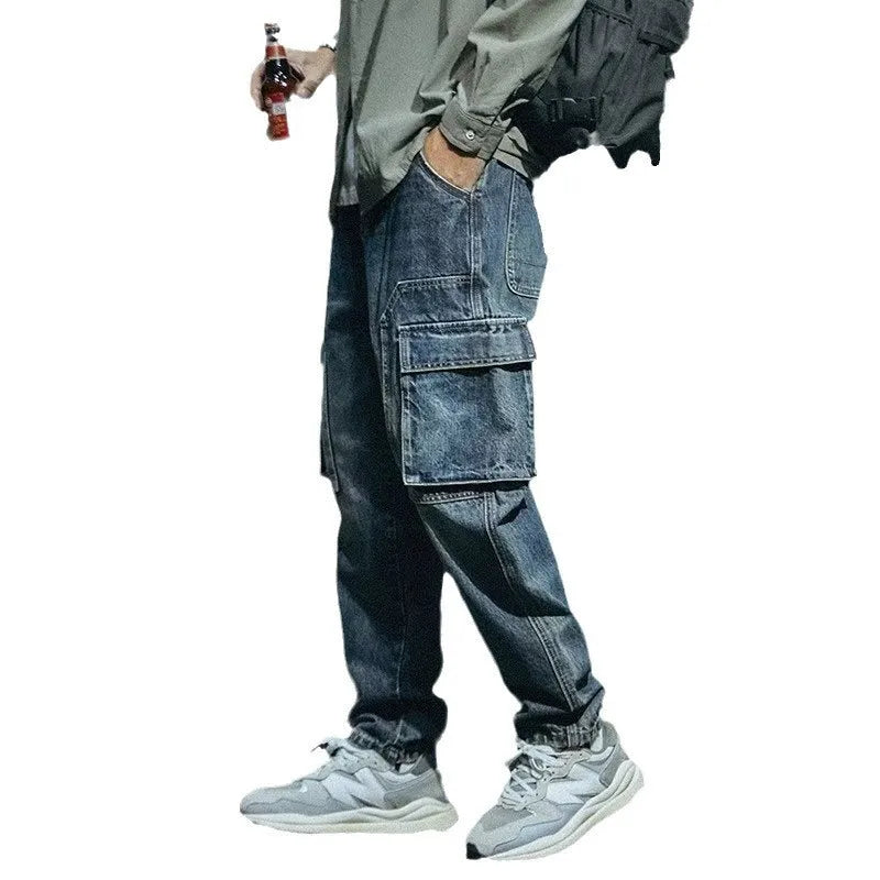 Men's blue loose straight retro jeans with zip fly in polyester stretch denim fabric