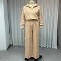 Women's light camel workwear set with lapel top and high-waist wide-leg trousers