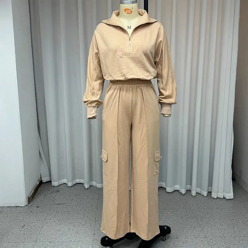 Women's light camel workwear set with lapel top and high-waist wide-leg trousers