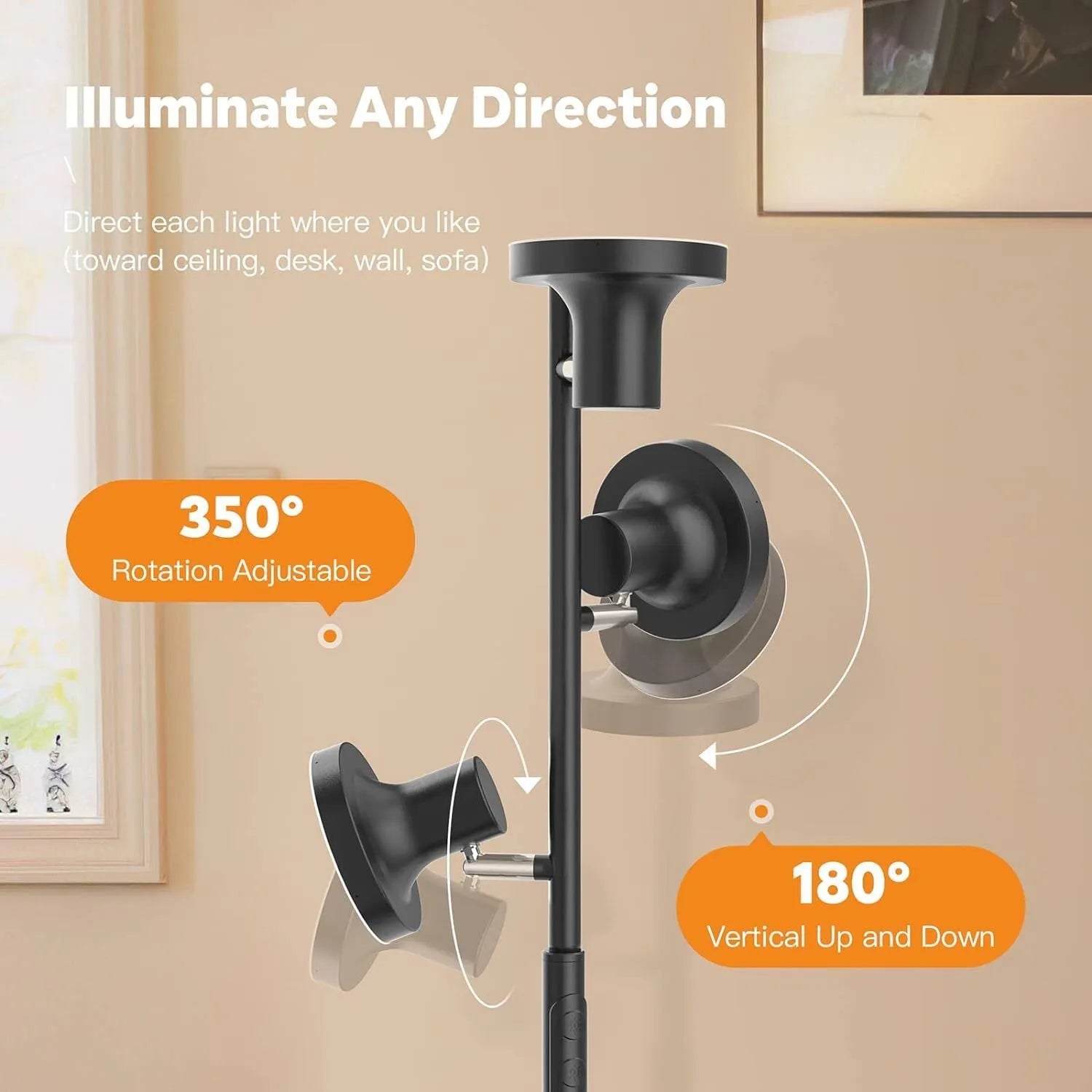 Tall adjustable LED floor lamp with rotatable head and remote control in black finish