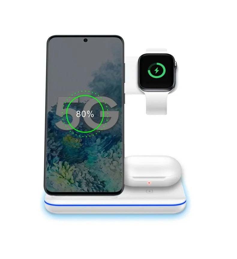 White three-in-one wireless charging stand for mobile phone smartwatch and headset on desktop