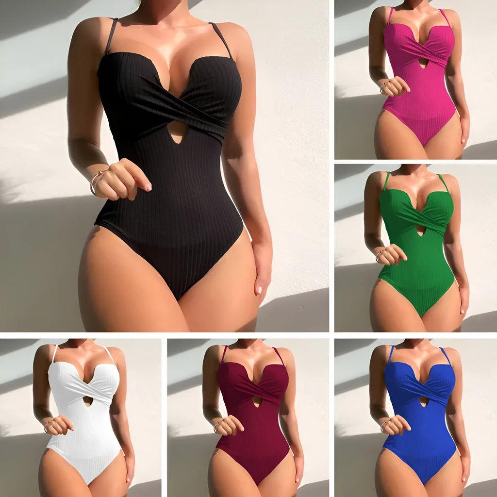 Women's solid colour one-piece swimsuit in slim fit polyester fabric available in white, burgundy and rose red