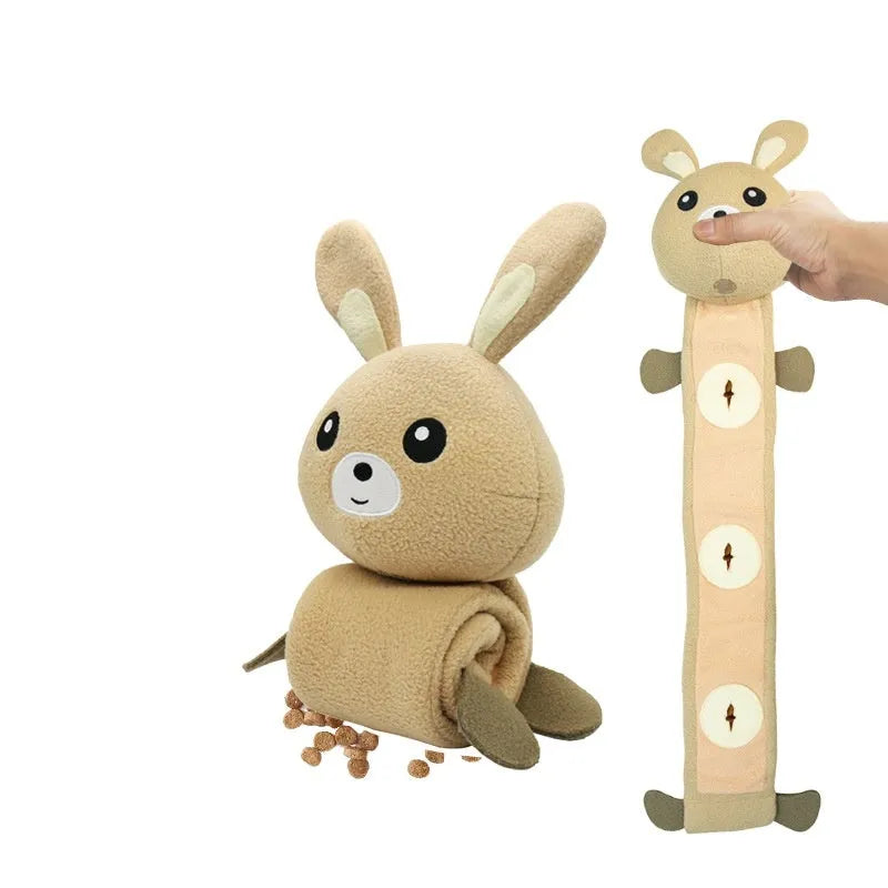 Fleece rabbit plush dog toy with food compartments and sound-making function