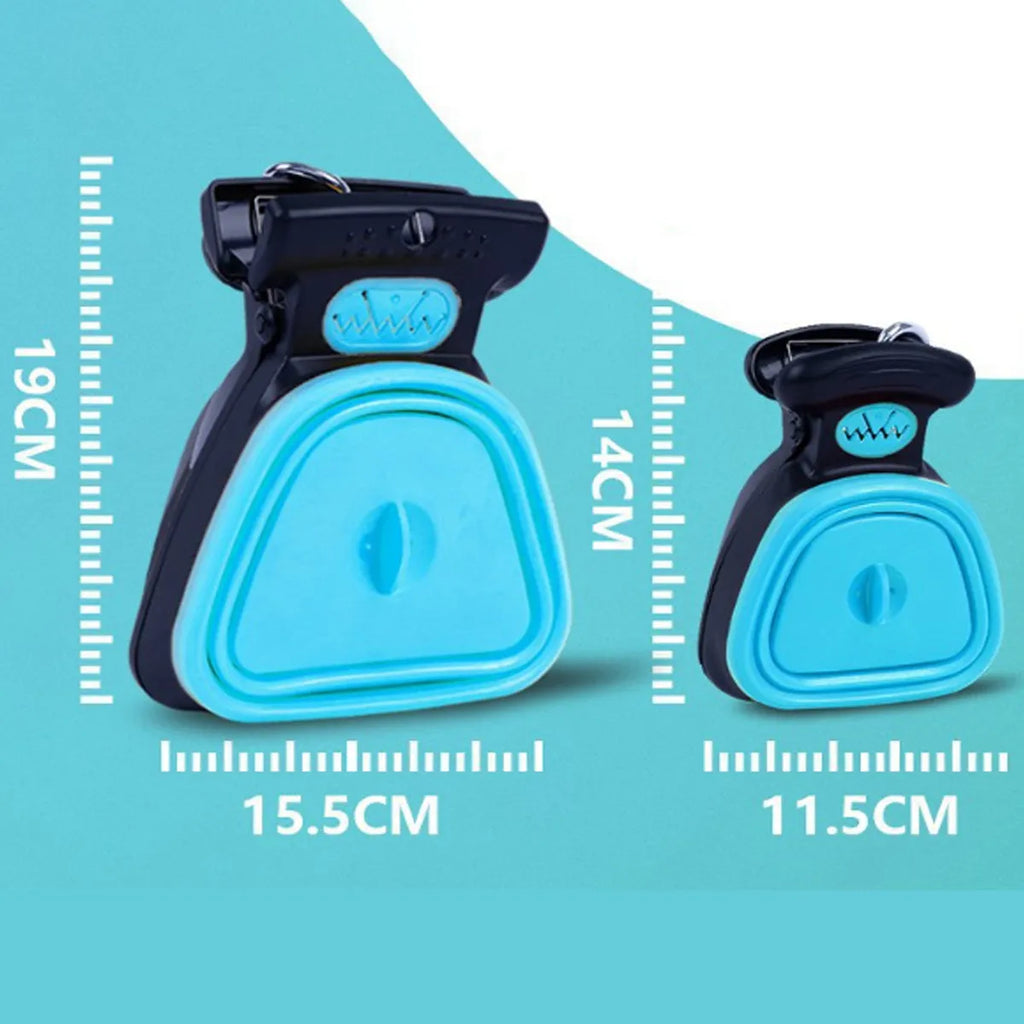 Blue portable dog pooper scooper with clip, expandable waste container, and bag dispenser.