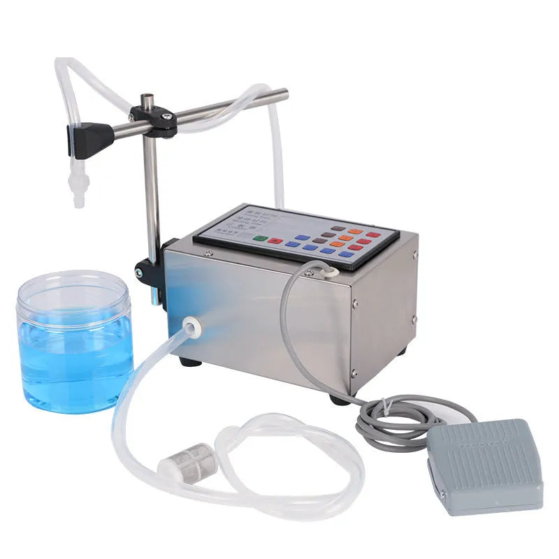CNC automatic quantitative liquid filling machine with digital display and dispensing nozzle on a workbench.